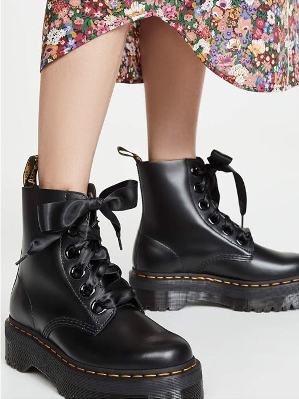 Dr. Martens Black Leather Lace-Up Platform Boots with Ribbon Laces